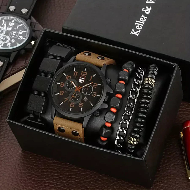 Kit Relógio Masculino de Quartzo + 4 Pulseiras Estilosas